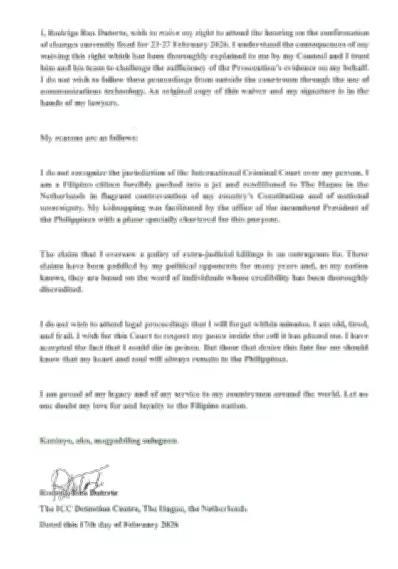 Former President Duterte Submits Waiver to Skip ICC Hearing, Denies Jurisdiction